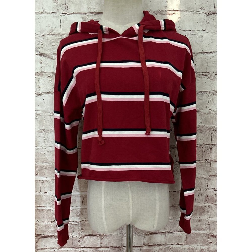 NEW Charlotte Russe Women's Small Cropped Hoodie Pullover Knit Red Striped